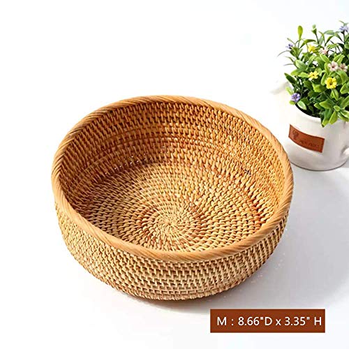 Hadewoven Round Rattan Fruit Basket Wicker Food Tray Weaving Storage Holder Dinning Room Bowl, 9 Inch Woven Bread Basket Key Bowls with 3.5”Wall for Table, Countertop (Medium 8.66") - size: Medium 8.66"