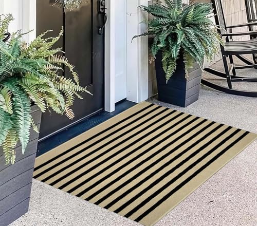 Front Door Mat Outdoor 2'x3',Black and Khaki Striped Outdoor Rug Washable Cotton Layered Door Mat Entryway Throw Rug for Indoor Entrance - color: Khaki Black, size: 2' x 3' (Rectangular)