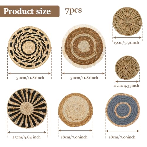 7 Pieces Bohemian Round Wall Baskets Wicker Rattan Wicker Wall Decor for Bedroom, Living Room (Style B)