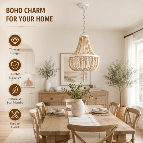 3-Light Mini Bohemian Wood Beaded Chandelier Pendant Boho Light Fixture,Antique Metal Finish Natural Color Wooden Beads, for Bathroom,Living Room,Entryway and Bedroom… - color: White distressed, size: Hardwired-3 Light