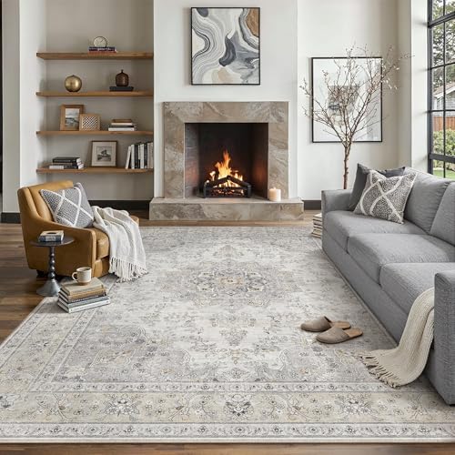HUGEAR 9x12 Area Rugs Machine Washable Rugs Vintage Grey Large Living Room Bedroom Rug Non-Shedding Low Pile Persia Throw Carpet Non Slip for Dining Room Kitchen Office Home Decor - color: Beige / Grey, size: 9' x 12' (Rectangular)