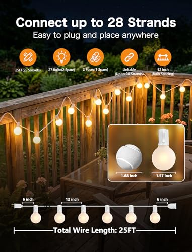 SUNSGNE 25FT G40 LED Outdoor White String Lights with 27 White Solid Shatterproof Globe Bulbs (2 Spare), Outdoor Hanging Edison Lights for Room Café Bistro Pergola Tents, White Wire - color: Solid White-White, size: 25FT