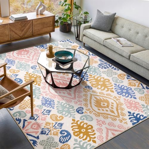 Washable Oriental Floral Rug, Ultra Thin Boho Paisley Indian Tribal 4x6 Area Rug for Dining Room Bedroom Entryway Kitchen, Stain Resistant Vintage Aztec Hippie Living Room Accent Carpet - color: Gentle Blue and Pink, size: 4'x6'