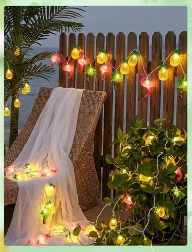 8.5Ft Summer Beach Hawaiian String Lights Outdoor with 10 LED Flamingo Pineapple Palm Tree Lights, Plug in Tropical Party Decorations Lights for Patio Backyard Garden Window Tiki Bar Pool Party Decor - color: Flamingo/Pineapple/Palm Tree