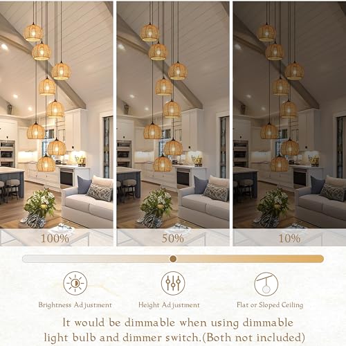 8-Light Woven Foyer Chandeliers for High Ceiling H100",8 Dome Boho Rattan Pendant Lights Farmhouse Ceiling Light,rustic Hemp rope Light Fixture For Living Room Hallway Staircase Entryway (Bulb Incl. - color: 16" Natural 8-Light