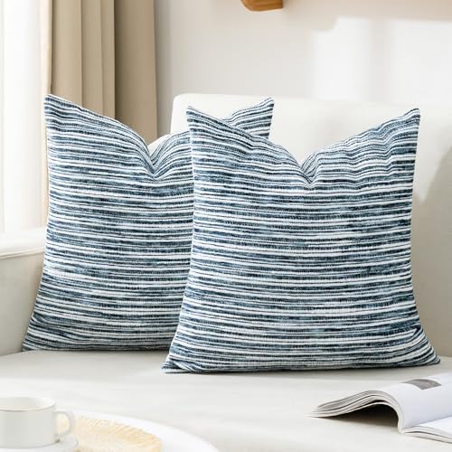 Boho Pillow Covers 18x18 Set of 2 Geometric & Striped Pillow Covers-Hand-Tufted Textured Pillowcases-Farmhouse Linen Decorative Throw Pillows for Sofa, Couch, Bed, Chair, Living Room, Blue - color: Blue