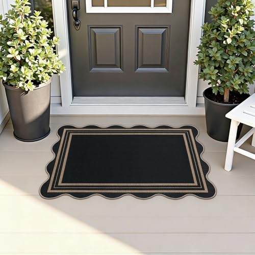 Easy Jute Black Kitchen Rug, 2x3 Front Door Mat Washable Non Slip Small Entryway Rug, Indoor Outdoor Farmhouse Scalloped Doormat for Bathroom Doorway Porch - color: Black Geometric, size: 2'x3' (Rectangular)