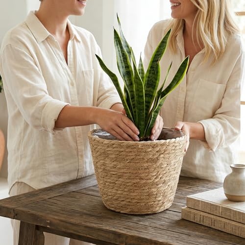 Set of 4 Seagrass Planter Basket, 6" 7" 9" 10" Hand Woven Plant Basket with Waterproof Plastic Liner, Round Natural Flower Pot for Indoor Outdoor Modern Home Decoration, Brown
