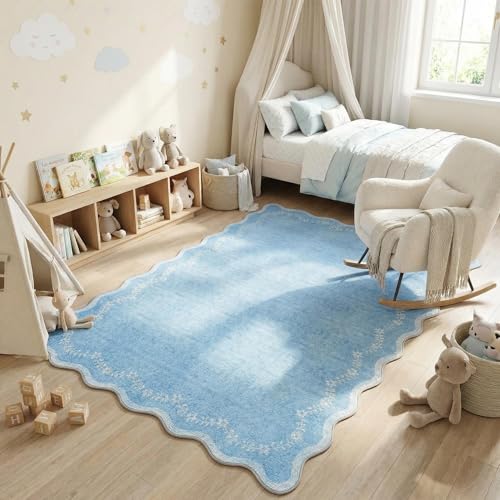 GarveeHome 3x5 Scalloped Washable Area Rug for Bedroom,Soft Solid Blue Entryway Rug Non Slip Low Pile Carpet Stain Resistant Throw Rug for Bedside Kids Room Office Dining Room - color: Baby Blue, size: 3' x 5' (Rectangular)