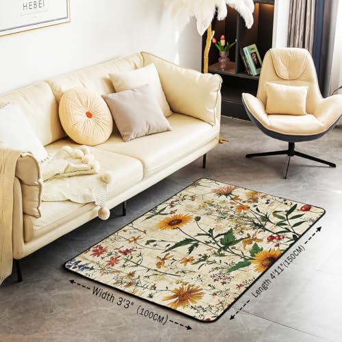 Erosebridal Boho Flower Floral Area Rug 4'11" x 3'3" Botanical Neutral Living Room Rugs Vintage Landscape Wildflower Decorative Carpet Retro Country Indoor Floor Mat - color: Beige Yellow, size: 3'3" x 4'11" (Rectangular)