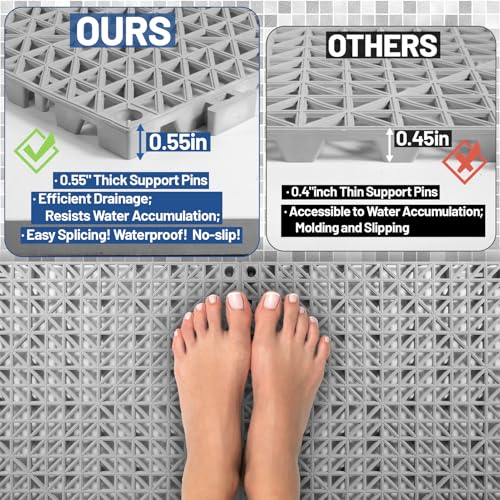 12PCS Drainage Interlocking Floor Tiles 11.8" x 11.8", Modular Interlocking Cushion Soft PVC Floor Non-Slip Splicing Waterproof Mat for Pool, Shower, Patio, Balcony, Bathroom, Kitchen, Yard（Grey） - size: Grey--12x12inch