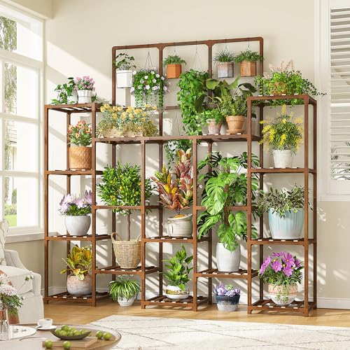 EnHomee Tall Plant Stand, 14 Tiers Indoor Plant Stand for Multiple Plants Pot, Wood Plants Shelves for Living Room, Patio, Balcony, Yard, Garden, 11.8''D×56''W×63''H