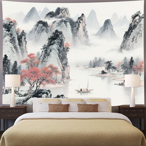 Aidatain Cherry Blossom Mountain Tapestry Chinese Japanese Landscape Painting Wall Tapestries, Large 80" L x 60" W Flannel Fabric Art Tapestries for Living Room Bedroom Dorm Decor GTTLAT1 - color: Cherry Blossom Mountain