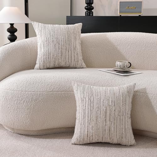 Striped Throw Pillow Covers 18x18 Set of 2 Beige Textured Boucle Chic Morden Boho Accent Farmhouse Decorative Chenille Pillow Covers for Home Decor Bed Sofa Living Room - color: Beige, size: 18" x 18" (Pack of 2)