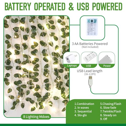 Fake Plants Vines,33ft 100 LED Artificial Ivy Garland with Fairy Lights,for Home Living Room Bedroom Wall Art Aesthetic Office Coffee Wedding Party Farmhouse Dorm Outdoor Garden Decor - color: Pothos String Lights
