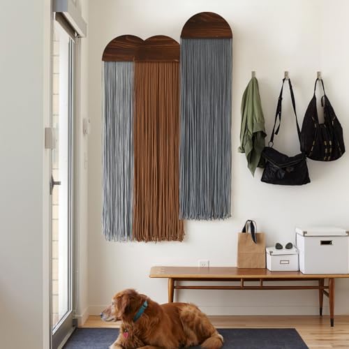 Macrame Wall Hanging 3Pcs Boho Wall Decor Handmade Macrame Art Fringe Design Wedding Macrame Backdrop Headboard Wall Decor 10" W x 40" L - color: Grey and Brown