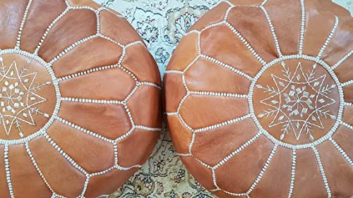 ARTOUARZAZATE Set of 2 Amazing Moroccan Pouf. Moroccan Pouf Cover, Genuine Goatskin Leather - Bohemian Living Room Decor - Cover ONLY - Stuffing is NOT Included (Brown)