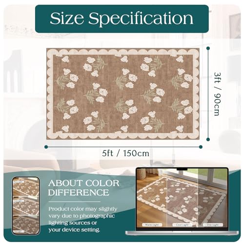 3x5 Floral Entry Rug - Small Washable Indoor Outdoor Mats for Front Door Non-Slip Porch Rug Tan Boho Neutral Farmhouse Throw Rugs for Living Room Bedroom Entryway Kitchen Office Porch Decor - color: Flower - Brown, size: 3' x 5' (Rectangular)