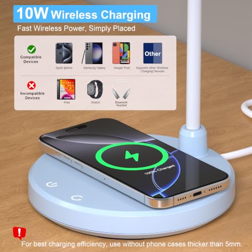 Desk Lamps for Home Office - LED Desk Lamp with Wireless Charger, 3 Color Modes Dimmable Eye-Caring Study Reading Desk Light, Small Flexible Arm Table Lamp for College Dorm Room Bedside, Blue - color: Blue