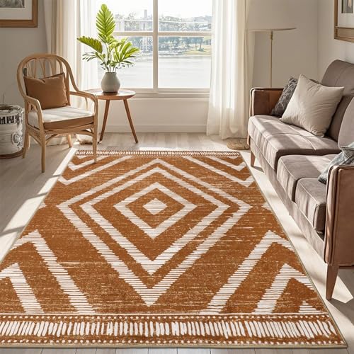 Boho Area Rugs 4x6ft Non Slip, Brown Washable Rug for Living Room, Soft Bedroom Carpet, Low Pile Moroccan Area Floor Carpets for Dining Room Kids Nursery Farmhouse - color: Brown, size: 4' x 6' (Rectangular)
