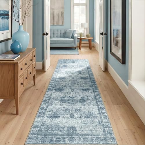 Homemate Washable Rug 2x6 Area Rugs - Vintage Faux Wool Rugs for Living Room Bedroom Dining Room - Non Slip Foldable Carpet Indoor Area Rug for Home Decor（2'x6', Blue - color: Blue, size: 2x6 ft