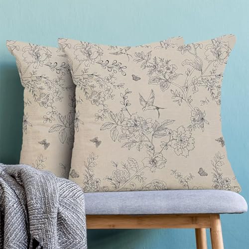 Spring Throw Pillow Covers 18x18 Set of 2, Black and White Print Linen Decorative Pillow Covers Bird Floral Outdoor Cushion Cover Vintage Flower Pillowcase for Sofa Couch Farmhouse Room - color: Spring Flower9, size: 18" x 18" (Pack of 2)