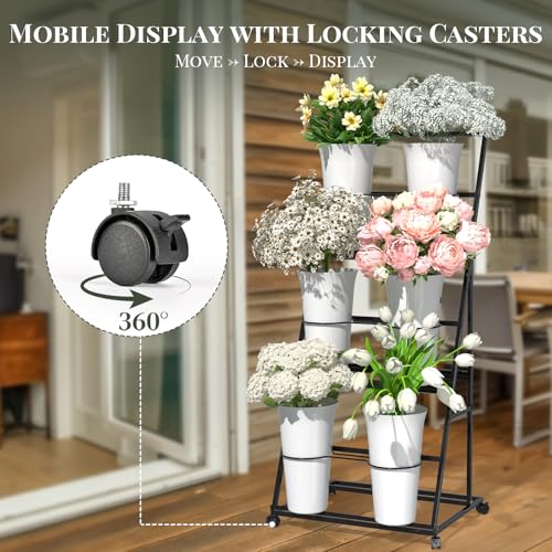 Black Tiered Flower Display Stand with 6 Buckets, Rolling 3-Tier Floral Cart for Florists, Markets & Events, Mobile Flower Presentation Rack for Shop, Patio or Wedding Setup