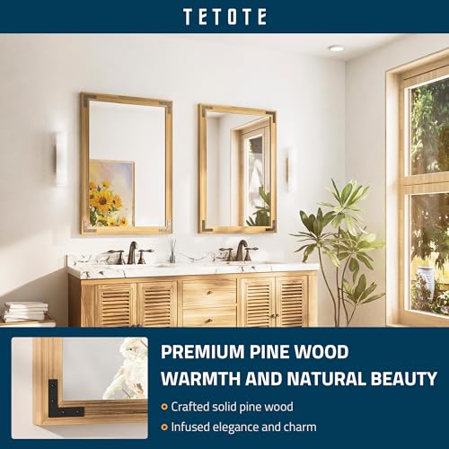 TETOTE 24 x 36 Natural Wood Framed Mirror for Bathroom Wall/Bedroom/Living Room/Entryway Farmhouse Rustic Bathroom Vanity Mirror Waterproof (Horizontal/Vertical Mounted) - color: Wood, size: 36"L x 24"W