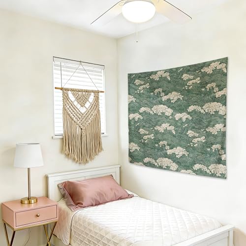 gsgfdshf Abstract Japanese Green Ocean Coral Wall Tapestry, Vintage Japanese Inspired lined Art Coastal Aesthetic Tapestry Wall Hanging for Bedroom Living Room Home Decor, 50x60 Inch - color: Landscape Text-Tapestry-J