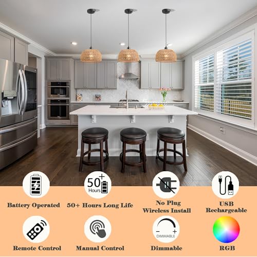 Battery Operated Pendant Light with Remote,Battery Hanging Light Rattan Woven Chandelier No Wiring Needed,Rechargeable Light Bulb 50+Hours Continue Use,Perfect for Kitchen Islands Ceiling Lighting - color: Brown