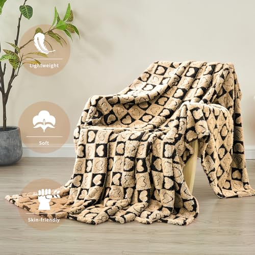 FY FIBER HOUSE Throw Blankets with Heart Checkered,Soft Warm Blankets for Lover Mom Father Friends Gifts,Washable Lightweight Fuzzy Blanket for Couch Sofa Bed All Season(Black Brown,90"x108") - color: Black Brown, size: King(90"x108")