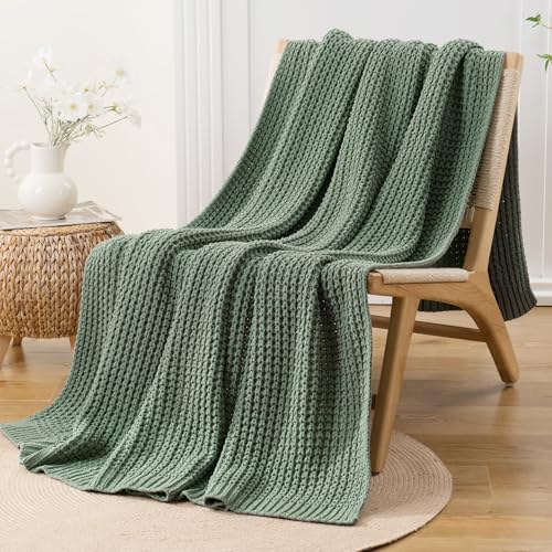Bunnikins & Clover Knitted Waffle Throw Blanket 50x60 Inches, Sage Green Throw Blanket for Couch, Soft Cozy Chenille Knit Blanket Warm Decorative Throw for Sofa - color: Sage, size: 50"x60"