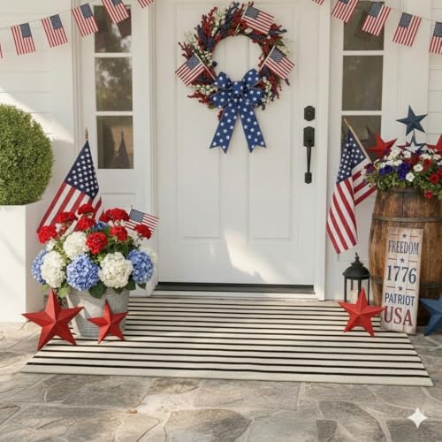 LEEVAN Black and White Striped Outdoor Rug Runner 2x4.3 Layering Doormat Farmhouse Front Porch Rug Cotton Woven Washable Throw Carpet for Hallway/Front Steps/Bathroom/Kitchen/Home Entrance - color: Black and White, size: 2' x 4'3" (Rectangular)