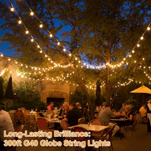 Bosceos 300ft (100ft*3) Outdoor G40 LED Globe String Lights Dimmable Waterproof Shatterproof Light Strings Connectable Commercial Hanging Lights for Christmas Patio House Backyard Balcony Party - color: Black, size: 300FT-Warm White