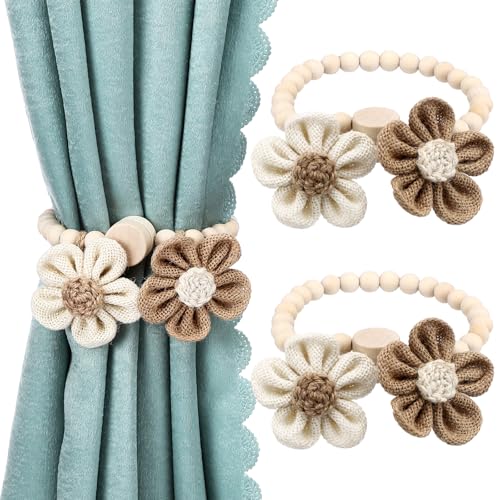 2 Pcs Beaded Sunflower Magnetic Curtain Tiebacks Boho Wooden Curtain Tie Backs for Farmhouse Curtains Holders for Bedroom Decor Baby Nursery Decor for Home Office (Linen,Boho Style) - style: Boho Style