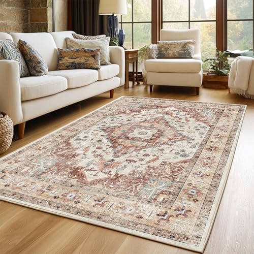 Area Rug for Living Room 3x5,Large Machine Washable Vintage Oriental Soft Carpet, Low Pile Thin Floor Area Rugs with Non Slip Backing for Office Door Mat Kitchen Bathroom Indoor Dorm Dining Room - color: Red, size: 3x5