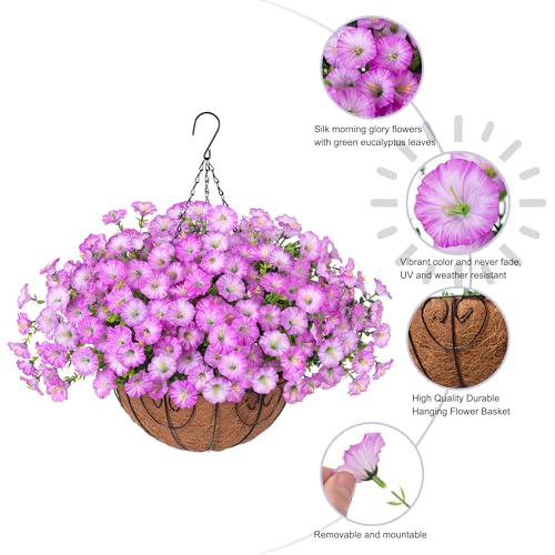 Artificial Faux Hanging Plants Flowers Basket for Outdoor Outside Spring Summer Decoration, Silk Purple Morning Glory in Planter UV Resistant Look Real Fake Flowers for Porch Patio Balcony Home Yard - color: Gradient Purple