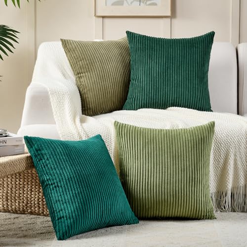 Volcanics Set of 4 Dark Green Corduroy Decorative Couch Throw Pillow Covers 18x18 Inch, Soft Modern Boho Striped Accent Cushion Cases for Home Sofa, Rustic Home Decor - color: Dkgreen, size: 18" x 18" (Pack of 4)