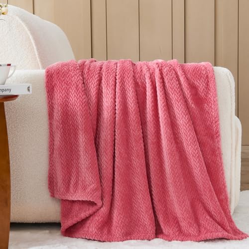 NEWCOSPLAY Super Soft Throw Blanket Coral Pink Premium Silky Flannel Fleece Leaves Pattern Lightweight Bed Blanket All Season Use (Coral Pink, Throw(50"x60")) - color: Coral Pink, size: Throw(50"x60")