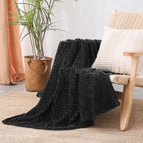 Puncuntex Flannel Fleece Throw Blanket Black 50"×60",Super Soft Plush Cozy Blanket with Square Grid Design Luxury for Couch Sofa Chair - color: Black, size: 50"×60"