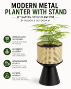 PandS Metal Planter with Stand Beige Rattan-Style Indoor & Outdoor Plant Pot, 12 Inch Decorative Planter with Drainage for Herbs, Succulents & Cactus