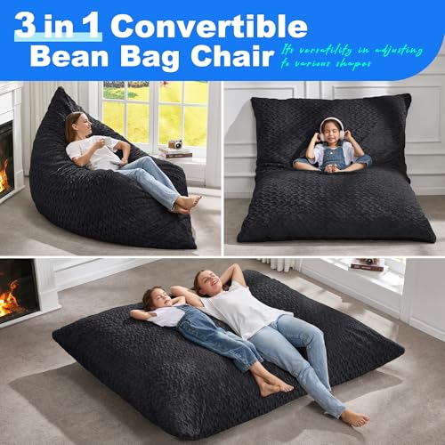 Hobestluk 3 in 1 Bean Bag Chair Giant Bean Bag Chairs for Adults with Chevron Plush Fur Cover Convertible Bean Bag Floor Cushion with Machine Washable Cover for Living Room (Chevron Plush Black) - color: Coal Black