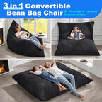 Hobestluk 3 in 1 Bean Bag Chair Giant Bean Bag Chairs for Adults with Chevron Plush Fur Cover Convertible Bean Bag Floor Cushion with Machine Washable Cover for Living Room (Chevron Plush Black) - color: Coal Black