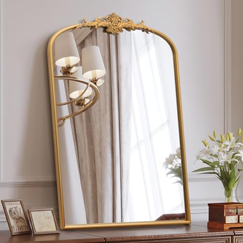 Besdomus Antique Arched Wall Mirror: 24"x36" French Large Arch Gold Vintage Vanity Mirror - Decorative Baroque Traditional Ornate for Entryway/Bedroom/Bathroom - Ideal for Bathroom Renovations - color: Gleaming Gold, size: 36"L x 24"W