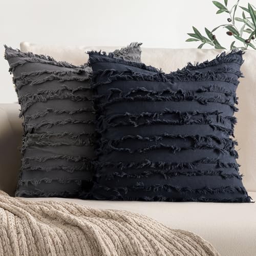 MIULEE Set of 2 Decorative Boho Throw Pillow Covers Linen Striped Jacquard Pattern Cushion Covers for Sofa Couch Living Room Bedroom 16x16 Inch Navy Blue - color: Navy Blue, size: 16" x 16" (Pack of 2)