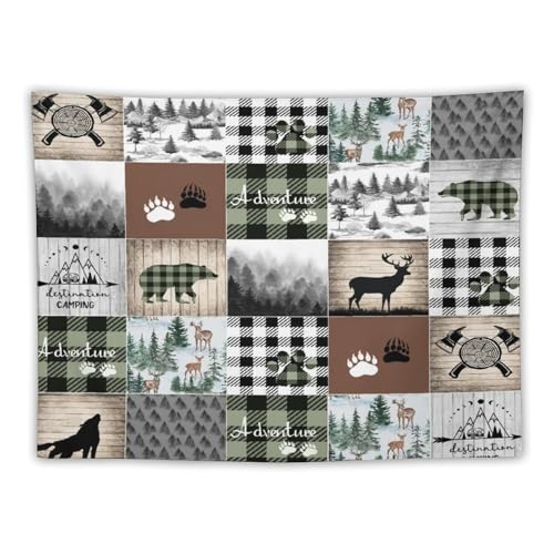 ZhiRain Deer Bear Wolf Tapestry Wall Hanging Wild Animals Hunting Adventure Geometric Plaids Pines Rustic Retro Tapestries Home Decor for Living Room Bedroom Farmhouse Apartment 30"x40" - color: Cabin-14, size: 30"L x 40"W