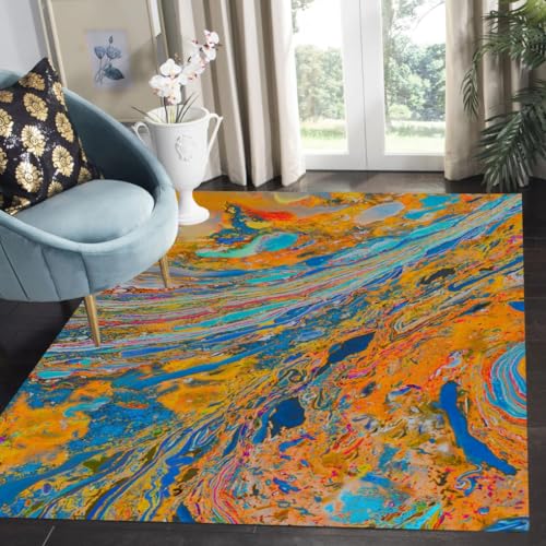Blue Gold Navy Orange Modern Abstract Marble Texture Area Rug 3x5 Aesthetic Washable Paint Splas Soft Rug for Livingroom Bedroom Diningroom Office Large Carpet - color: B, size: 3x5