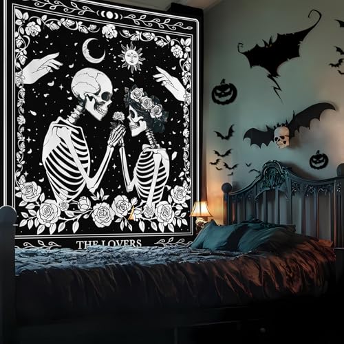 Tichgeim Skeleton Lovers Black and White Tapestry Wall Hanging, Gothic Witchy Lovers Skull Vertical Tapestries, Sun and Moon Flowers Card Wall Decor for Bedroom Living Room 51n × 60in - color: Gothic Lovers Tapestry, size: 60"L x 51"W