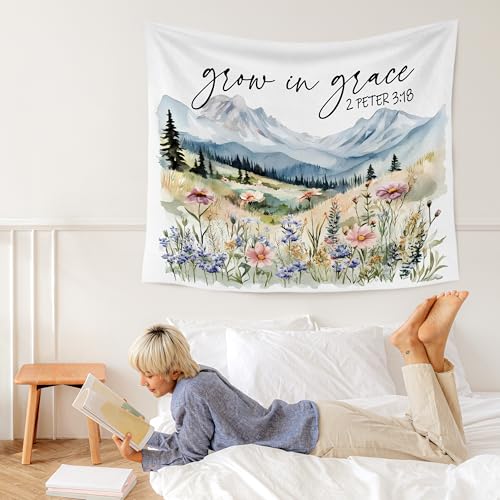 WARDOS Wildflower Christian Tapestry, Grow in Grace Bible Verse Tapestry Wall Hanging, Mountain Scenery Religious Scripture Wall Blanket Decor for Home Bedroom Living Room, 50x60 Inch - color: flower six