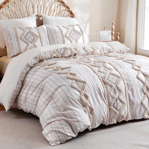 Herside 100% Cotton Boho Duvet Cover Set King Size,Shabby Chic Aztec Western Beige Tufted Bedding,Farmhouse Luxury 3 Piece Textured Quilt Duvet Set for All Season Home Decor - color: Beige, size: King(No Comforter)